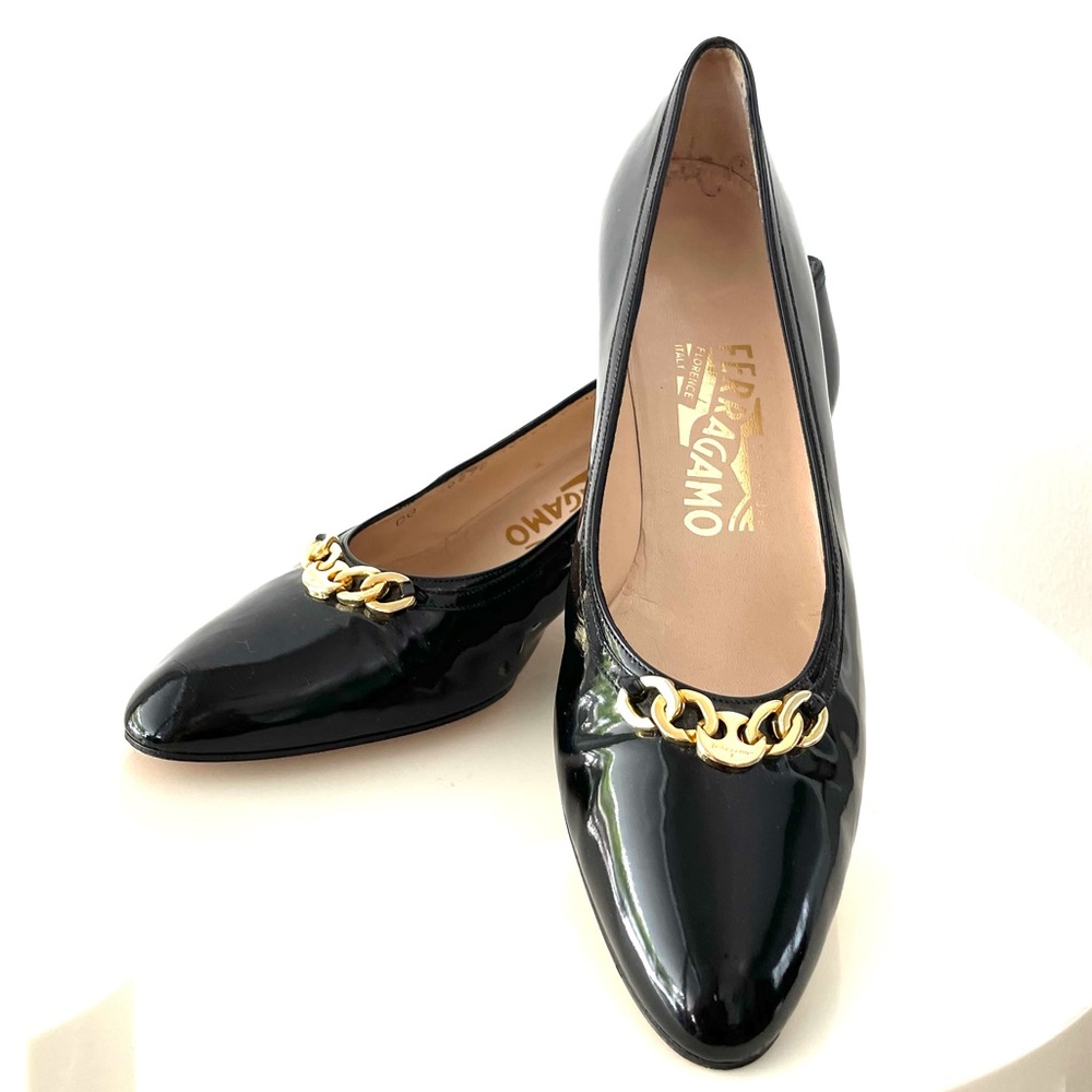 Ferragamo Black Patent Leather Heels 8.5 narrow